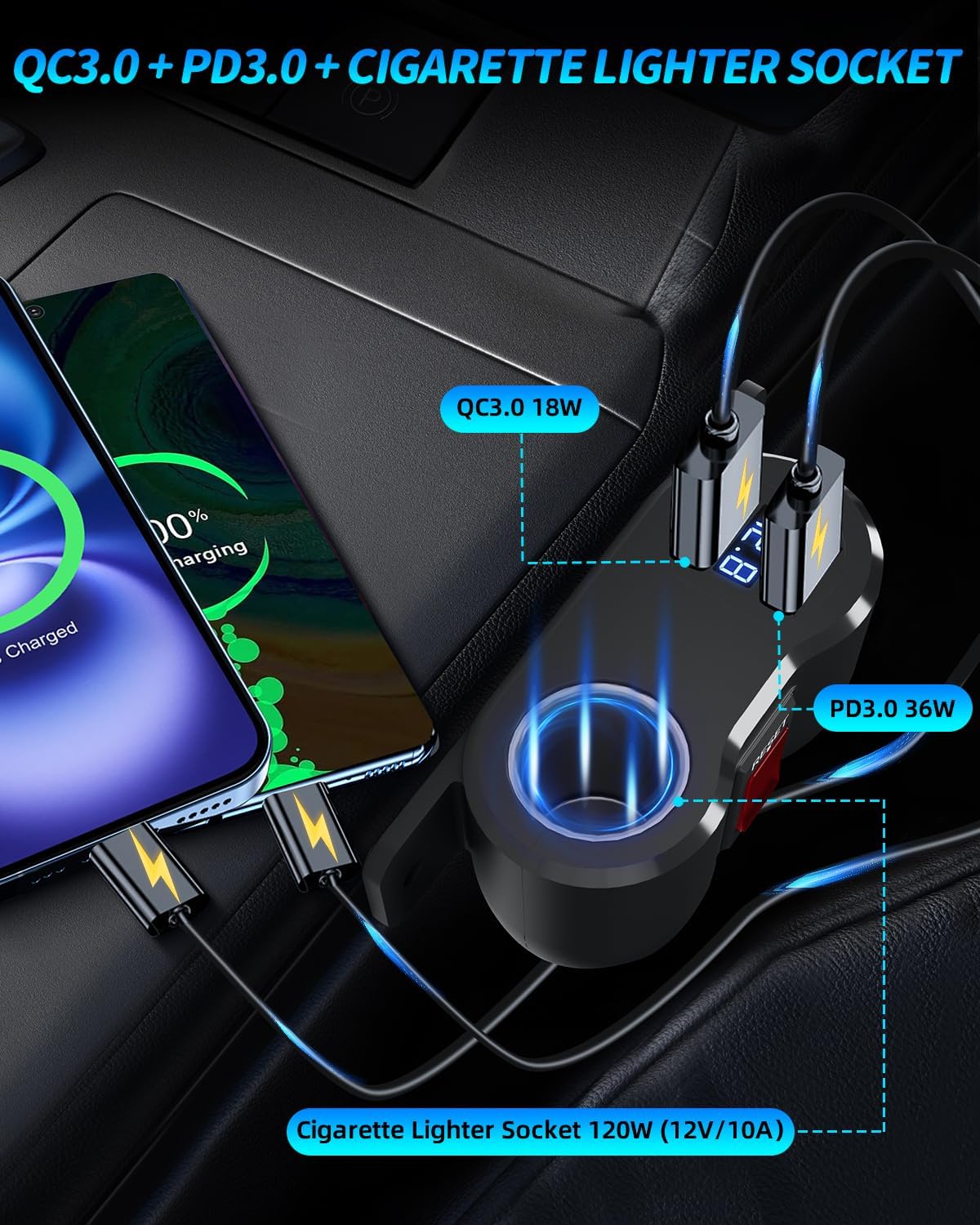 Gibbab blue LED voltage display close-up, fast battery health check while driving