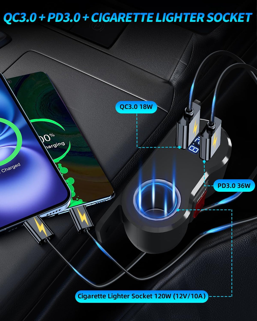 Gibbab blue LED voltage display close-up, fast battery health check while driving