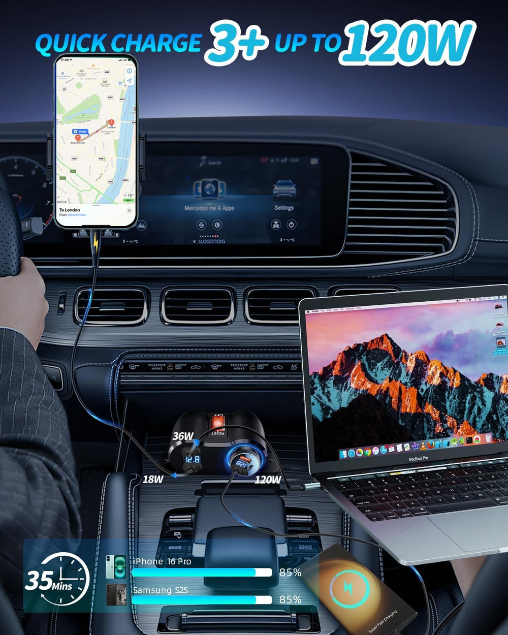Gibbab USB-C PD and USB-A QC ports plus 120W socket detail, rapid charging and high power
