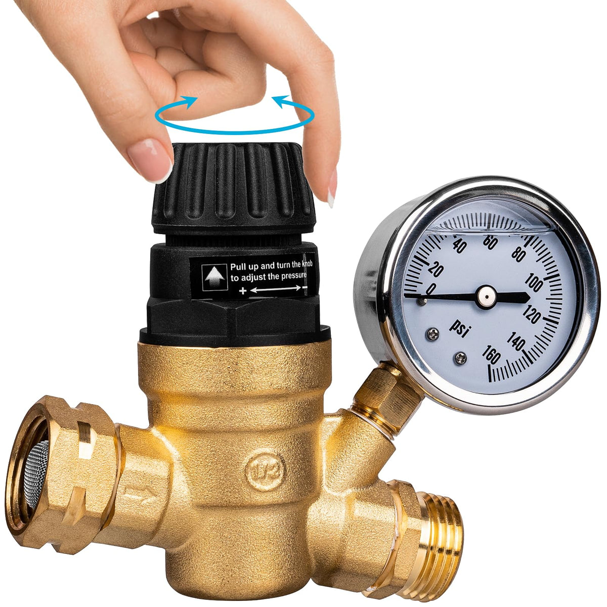 Gickbusus front view showing compact regulator protecting RV plumbing