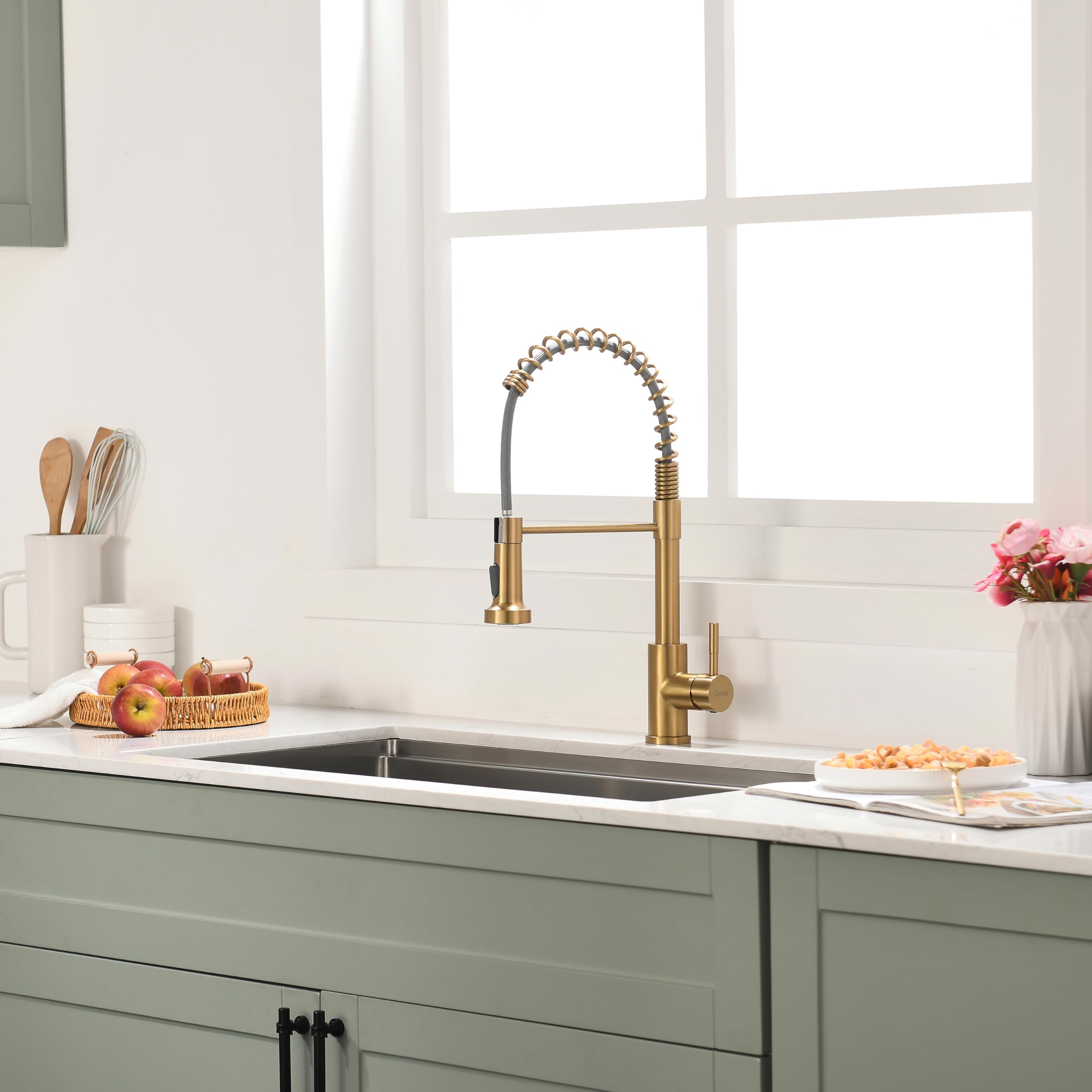 GIMILI faucet in a styled kitchen setting adding warm brushed-gold elegance to counters