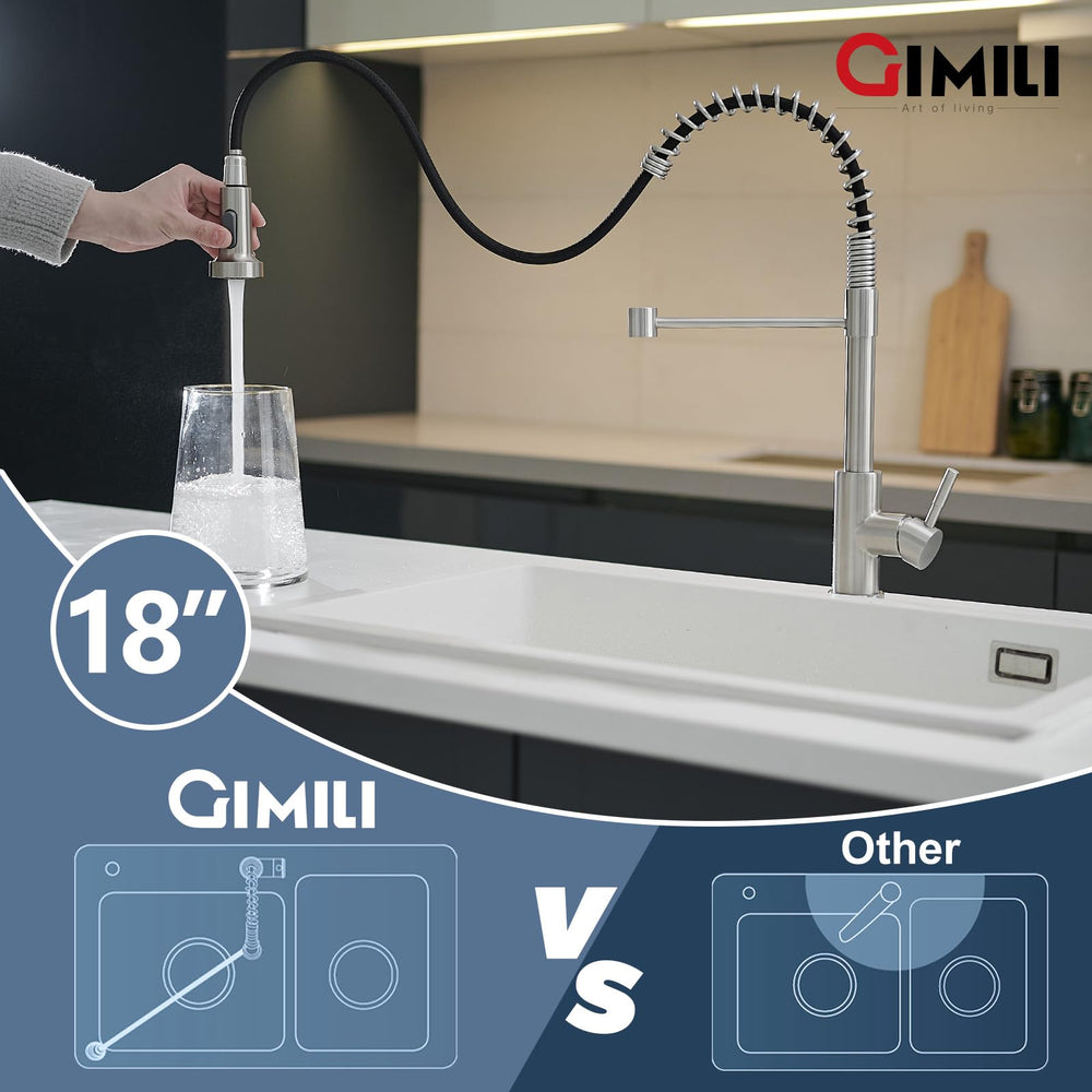 GIMILI pull-down hose extended demonstrating full sink reach and flexible rinsing