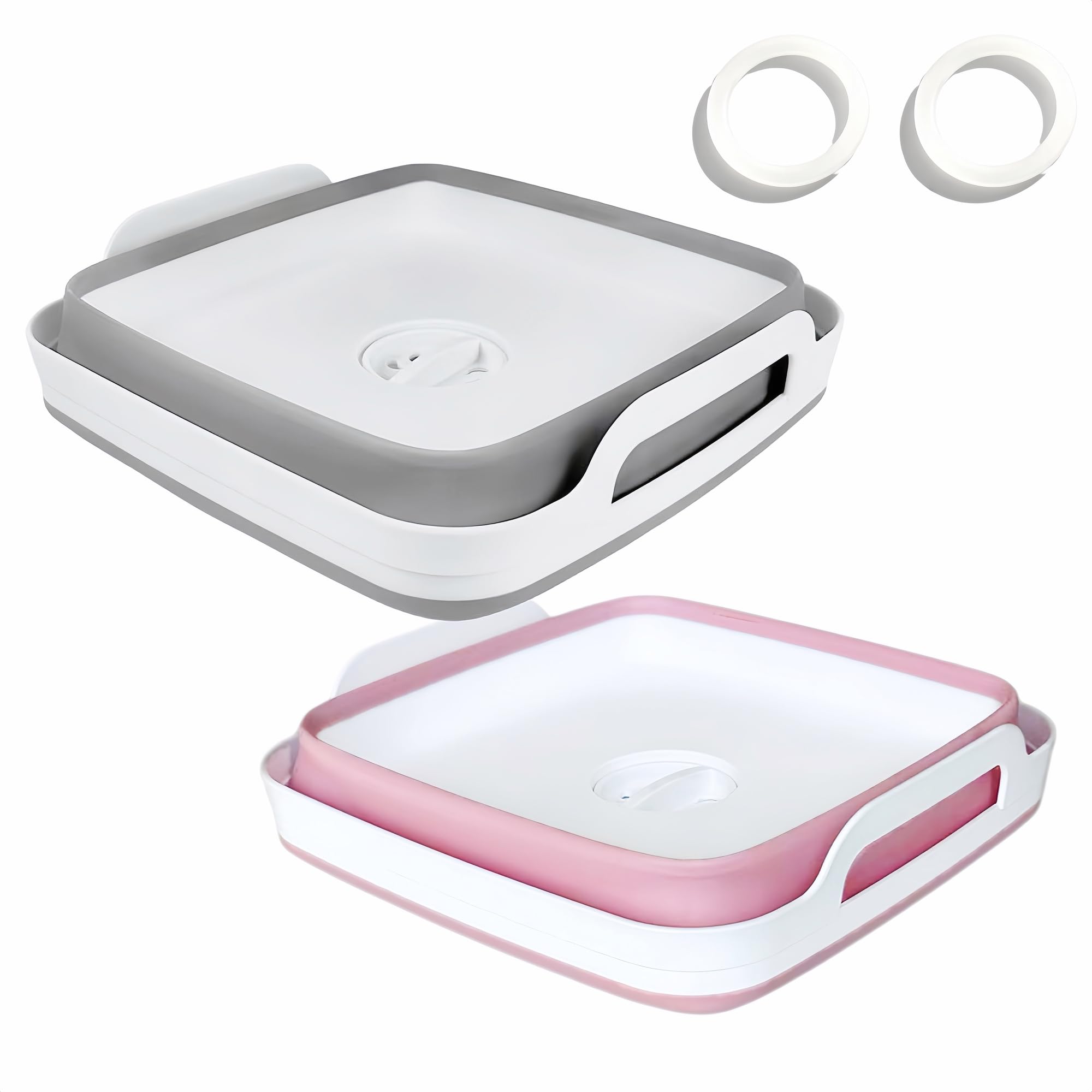 GIMWA front view of gray and pink basins showing compact pair and color contrast