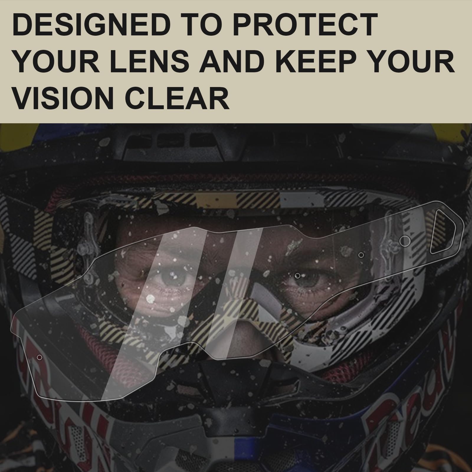 Giokyi tear-offs in use during muddy ride showing instant visibility recovery