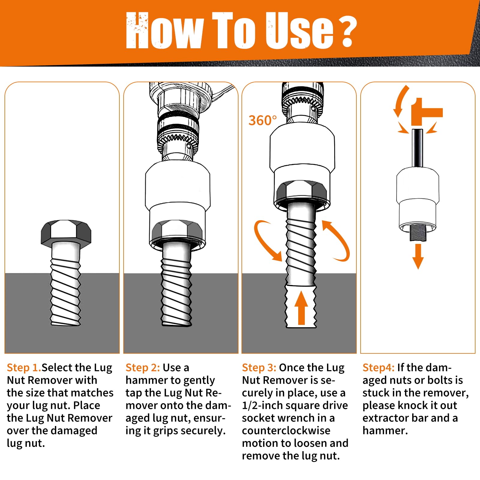 GIREORAN extractor attached to 1/2" wrench removing lug nut, high-torque removal benefit
