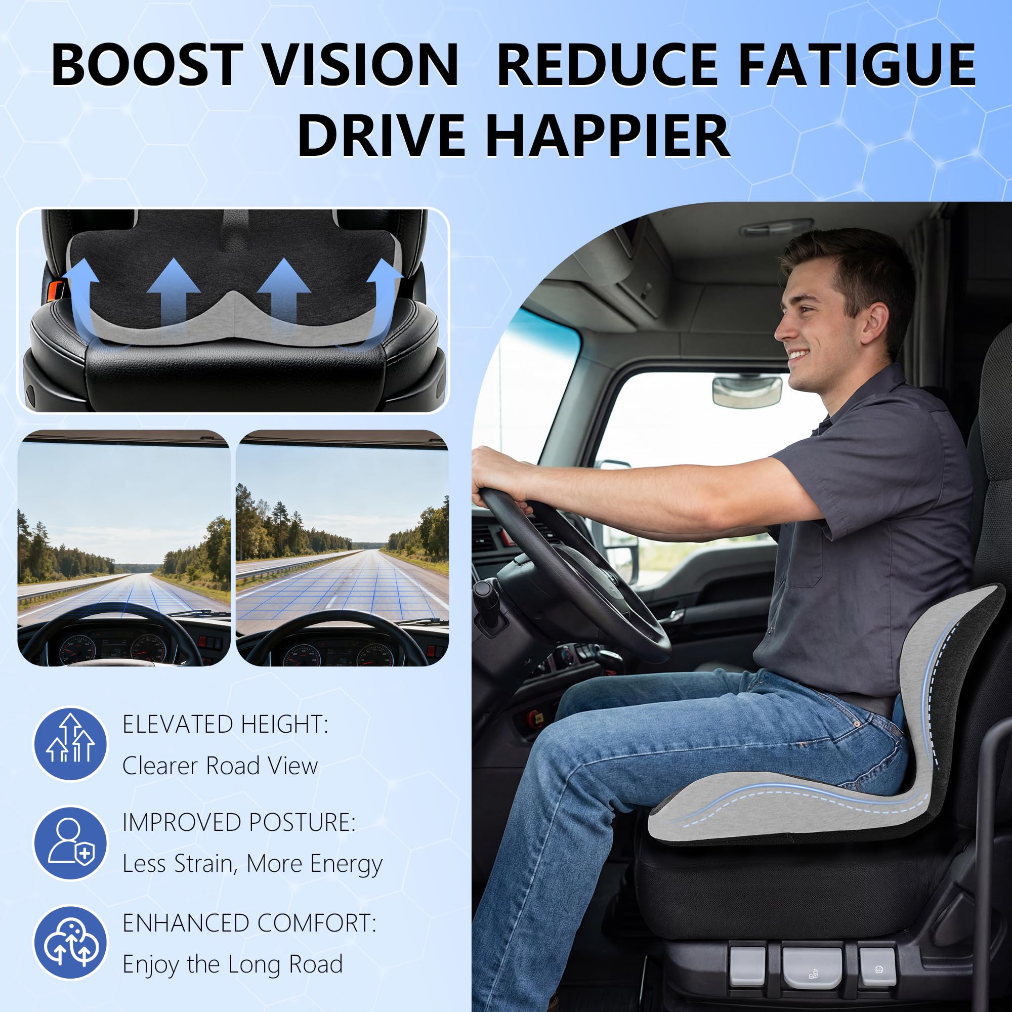 GKTKG seat cushion installed in truck cab illustrating improved driving comfort