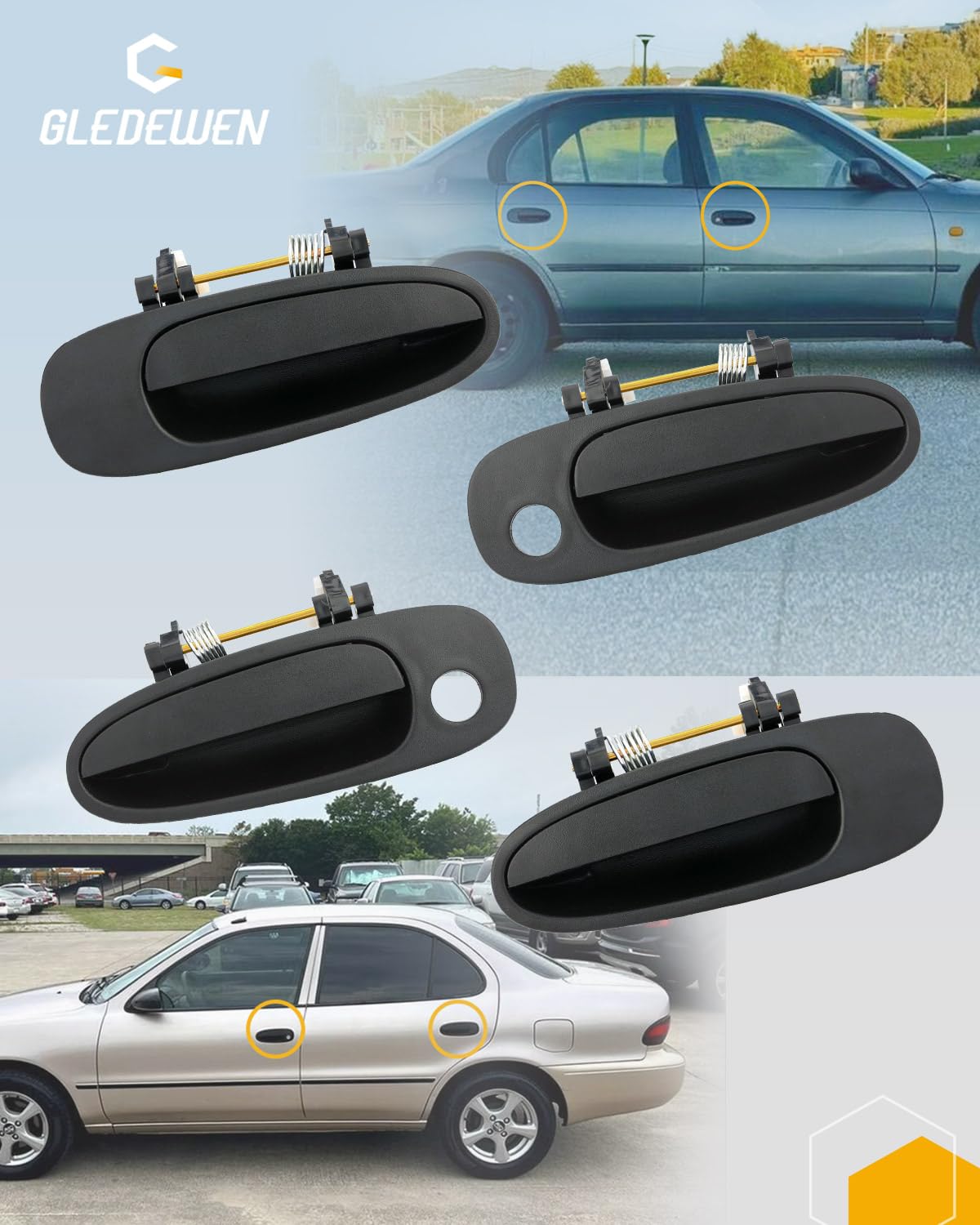 Gledewen handle mounted on car door illustrating direct fit and alignment, hassle-free installation benefit