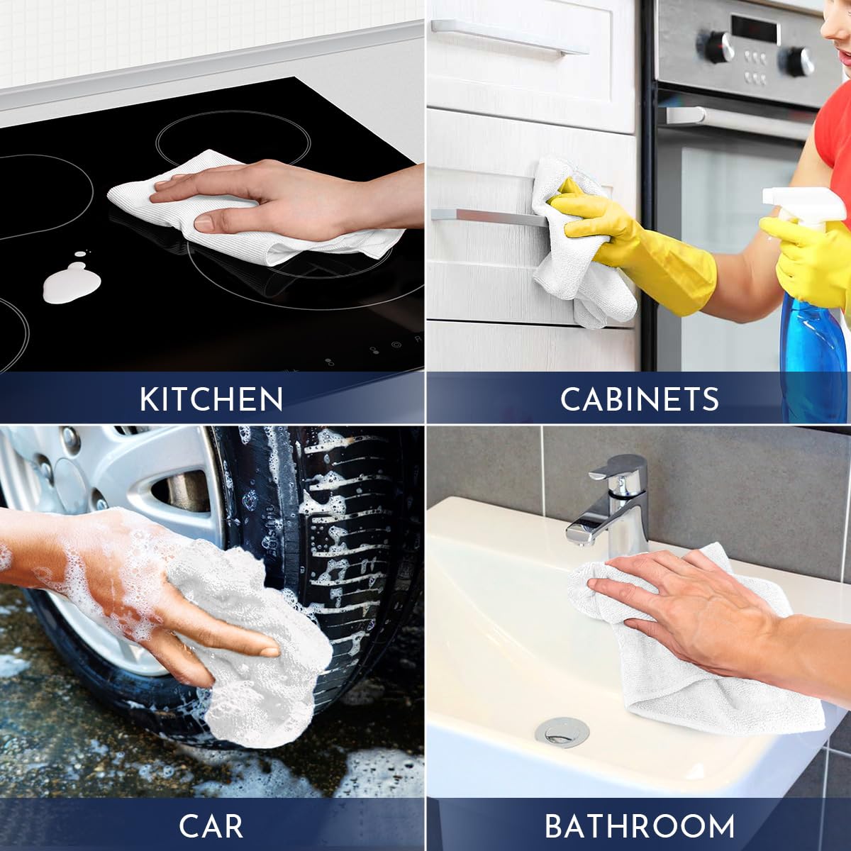GLIMGLINT variety of cloths on countertops showing multi-surface cleaning versatility benefit