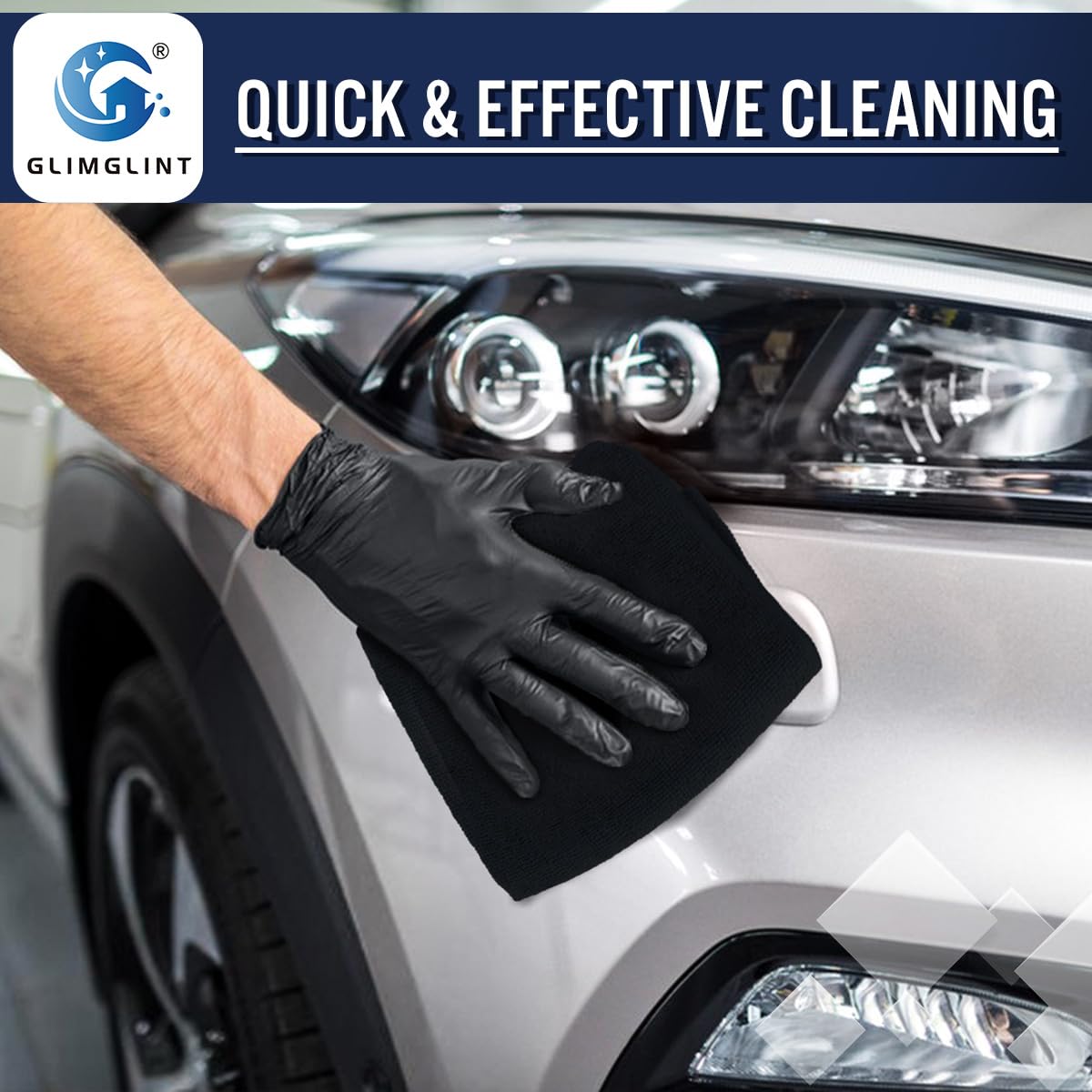 GLIMGLINT wiping glass to show streak-free polishing benefit