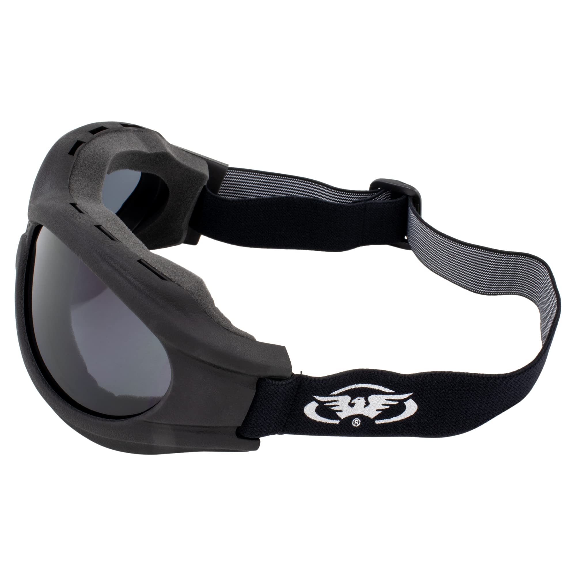 Global Vision goggles mounted on helmet demonstrating secure strap stability