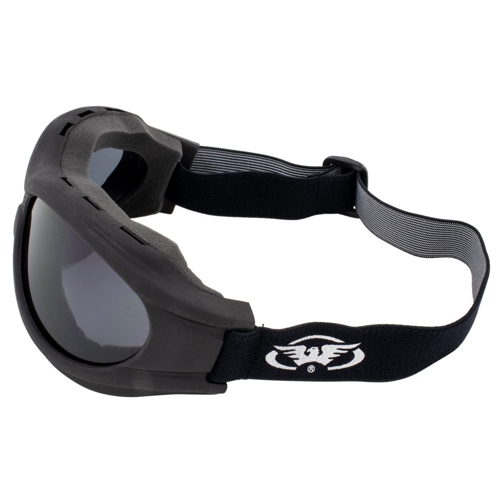 Global Vision goggles mounted on helmet demonstrating secure strap stability