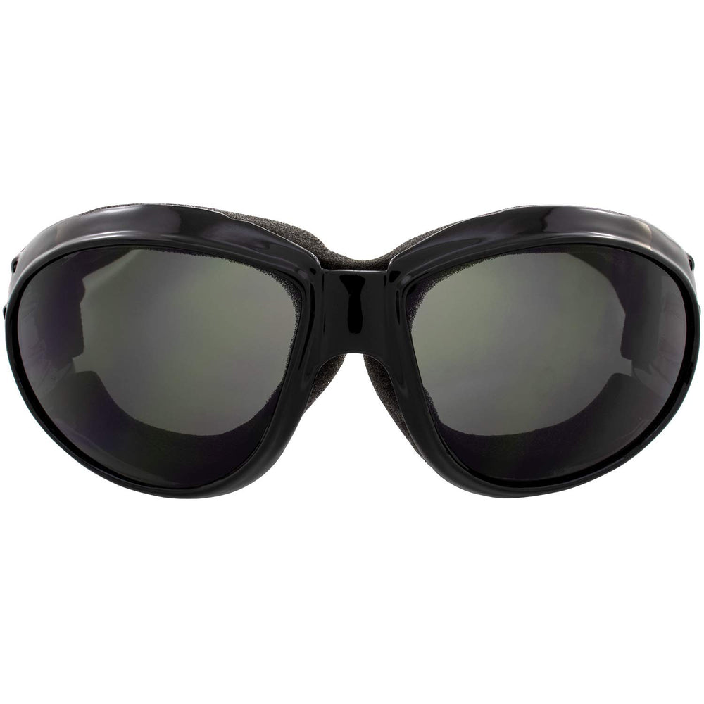 Global Vision goggles worn with helmet demonstrating on-ride protection