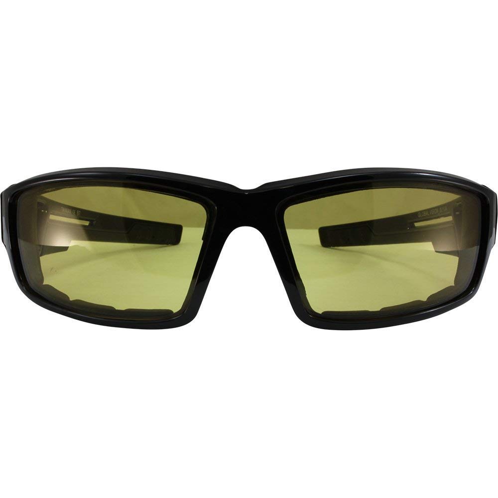 Global Vision sunglasses worn with motorcycle helmet demonstrating stable fit