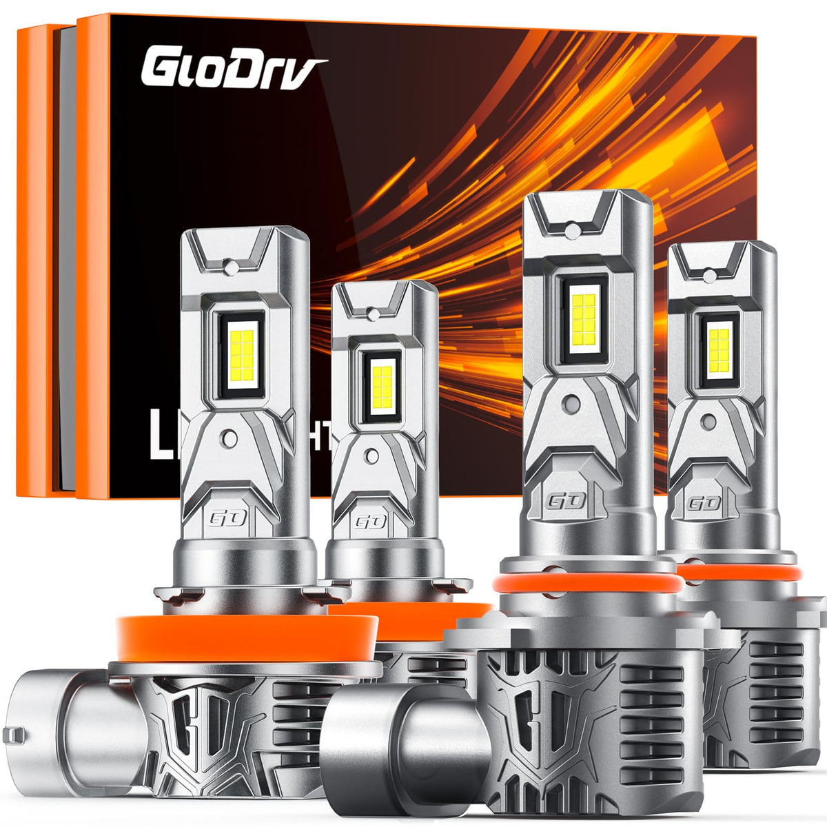 GloDrv front packaging showing H11 9005 pack and quick-install benefit