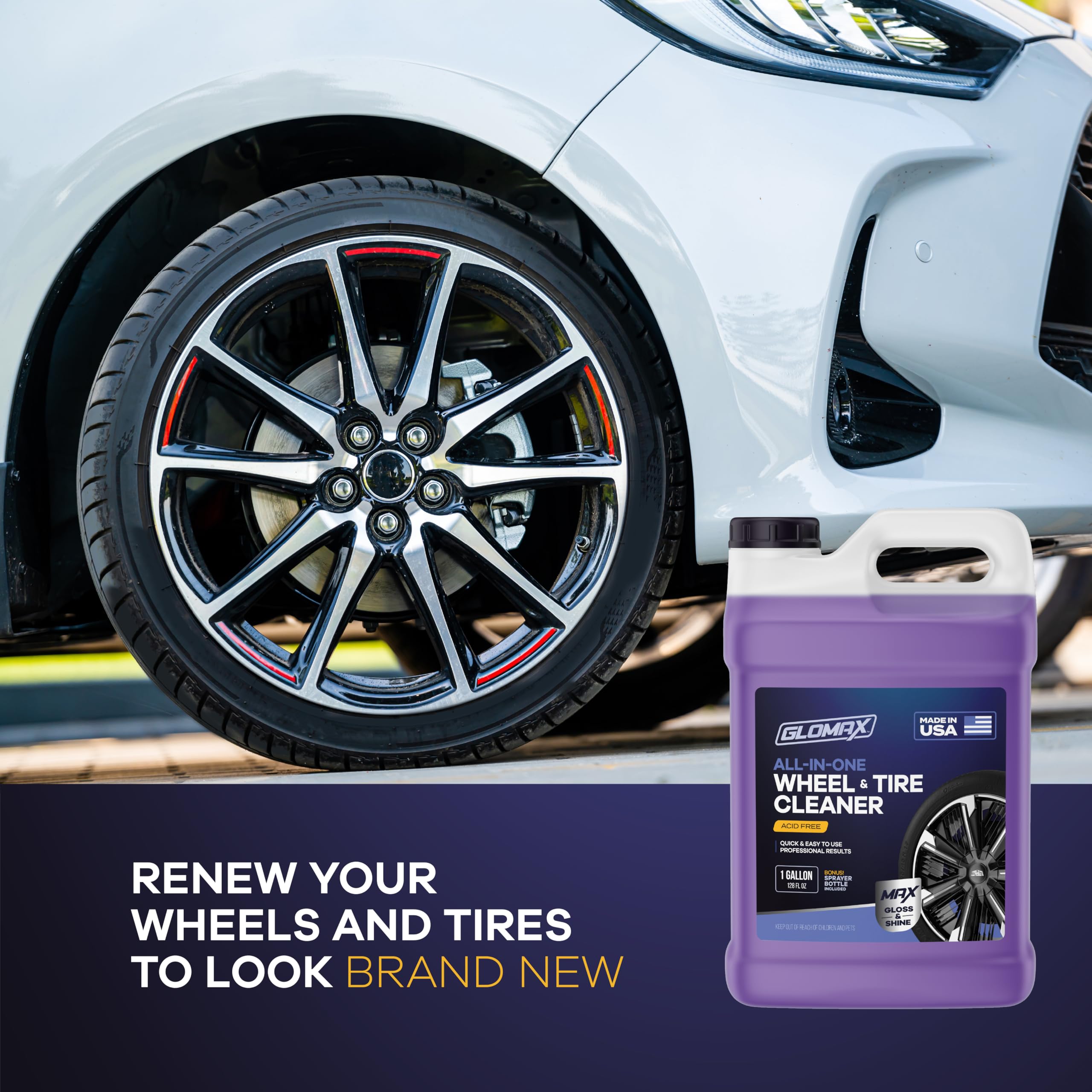 GLOMAX cleaner sprayed on alloy rim lifting brake dust for easier rinse