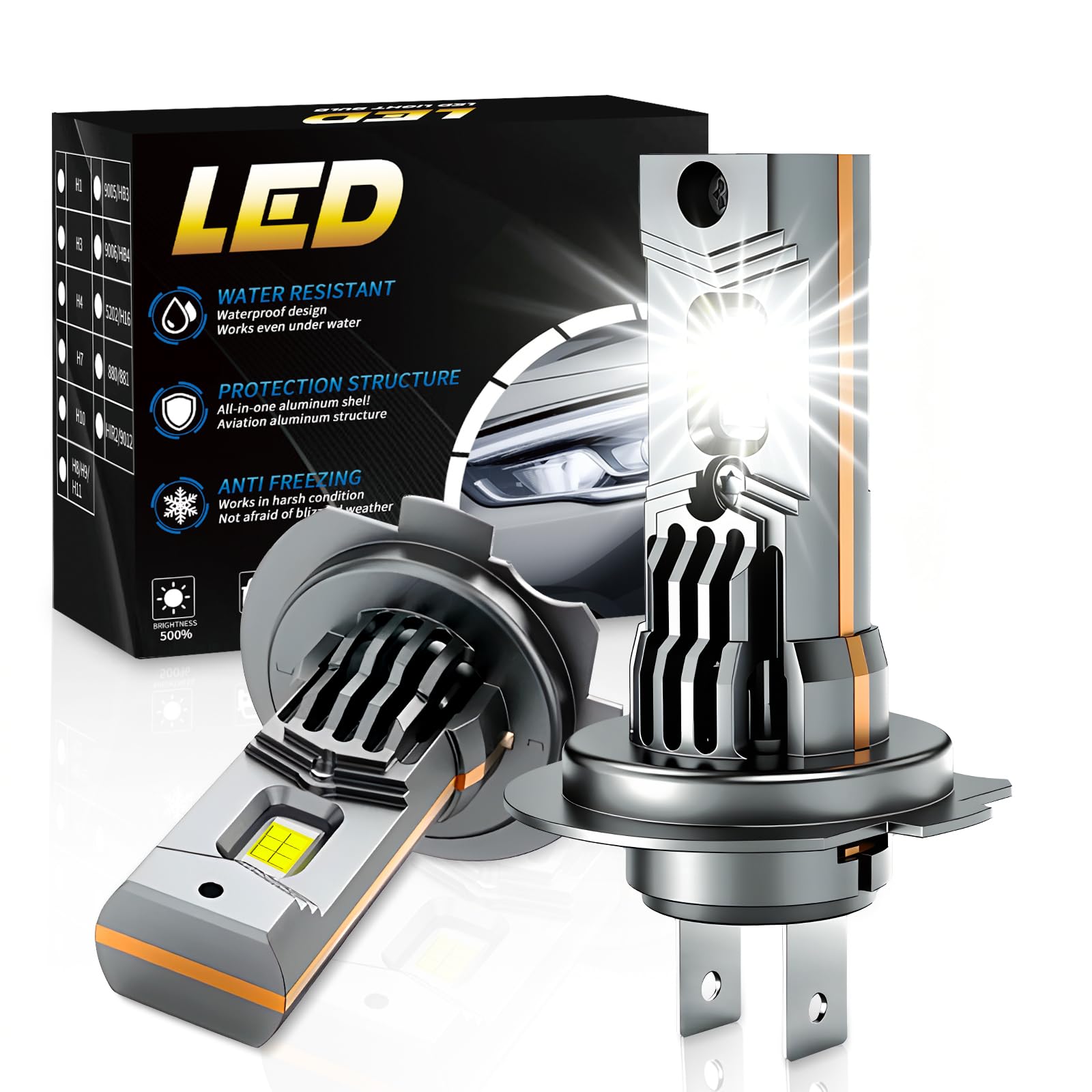 GLOWBRI front view of H7 bulb pair showing plug-and-play design and bright output