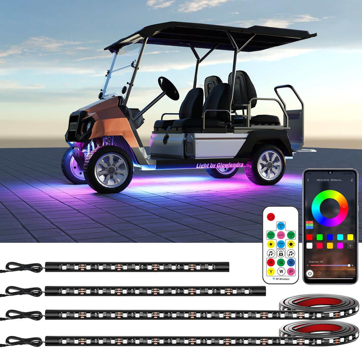 Glowlendra front view installed on golf cart showing vibrant underglow and style