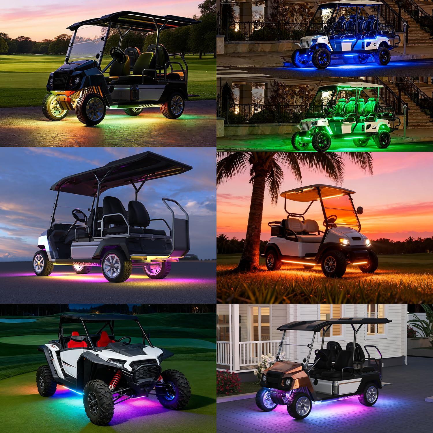 Glowlendra lit golf cart at night creating vibrant, synced effects
