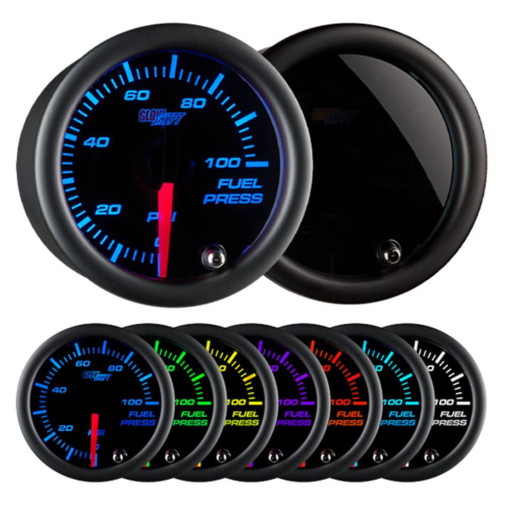 GlowShift front view of gauge showing dial and red needle, easy monitoring
