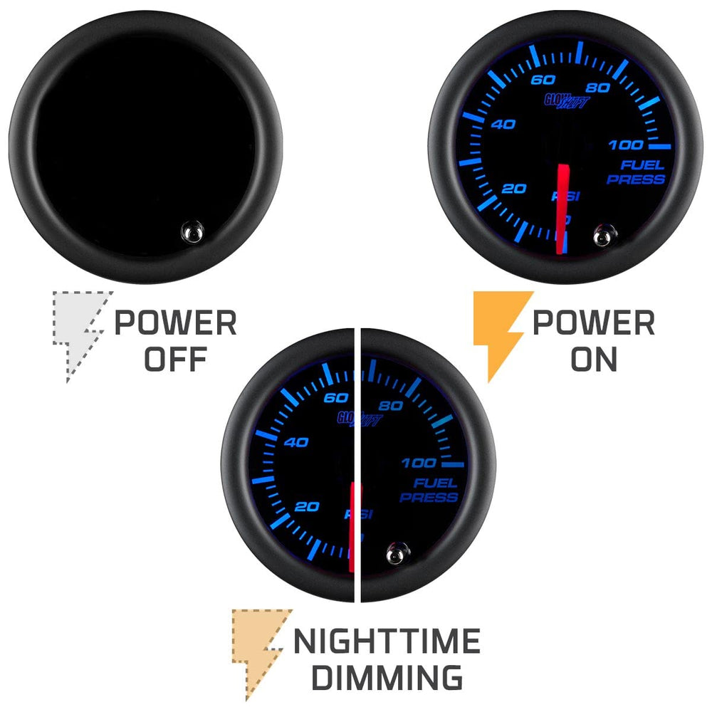 GlowShift gauge lit in multiple colors, matches dashboard lighting