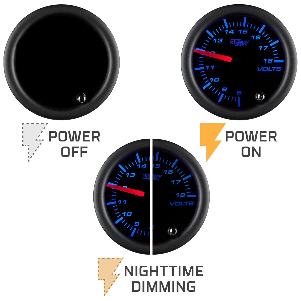 GlowShift gauge installed in dash showing matched color lighting and custom look