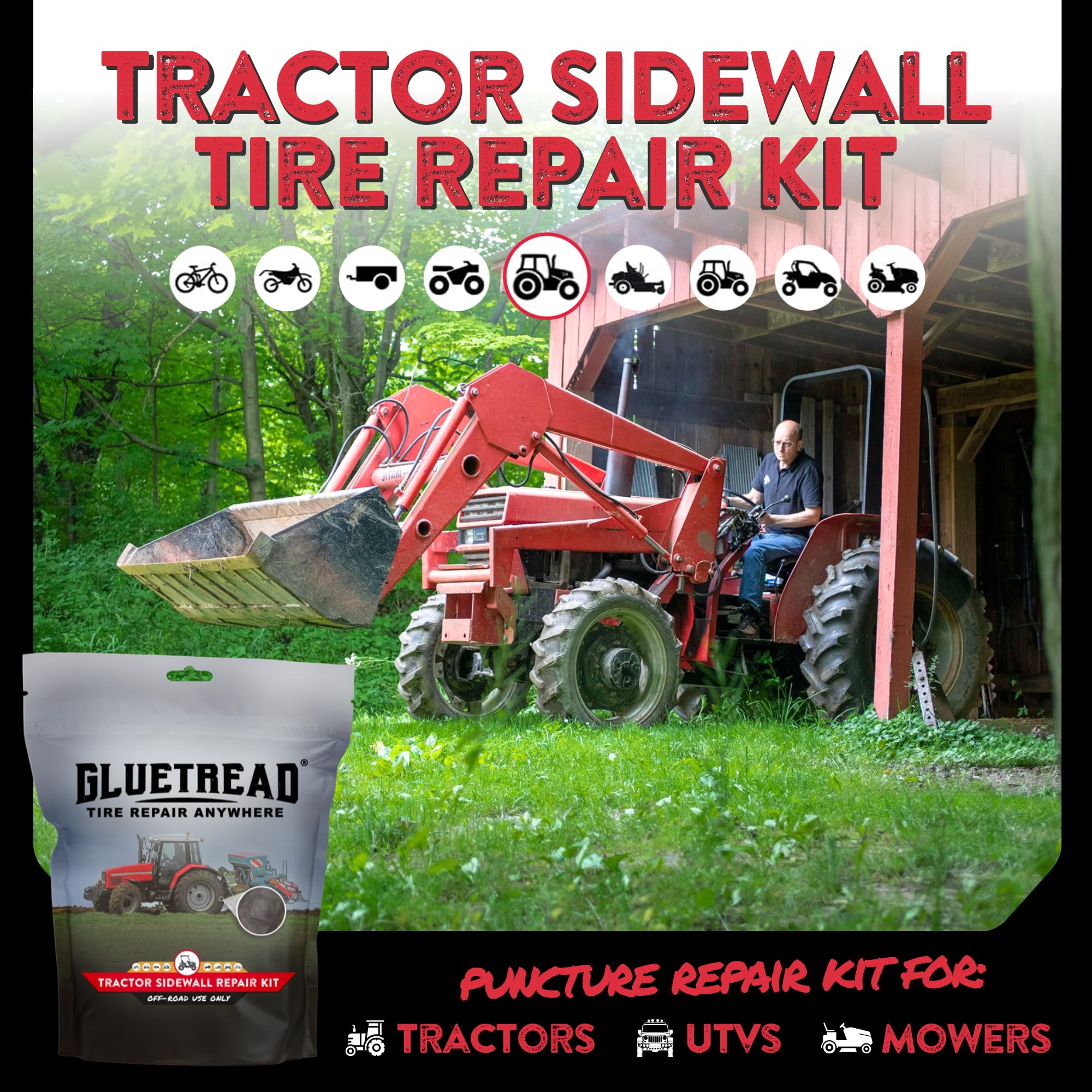 GlueTread adhesive tube and multiple patches laid out for many repairs