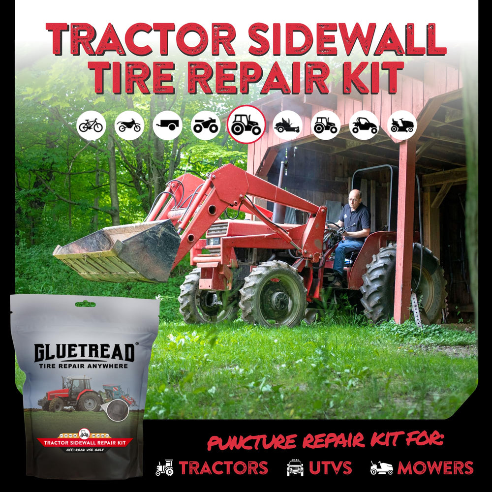 GlueTread adhesive tube and multiple patches laid out for many repairs