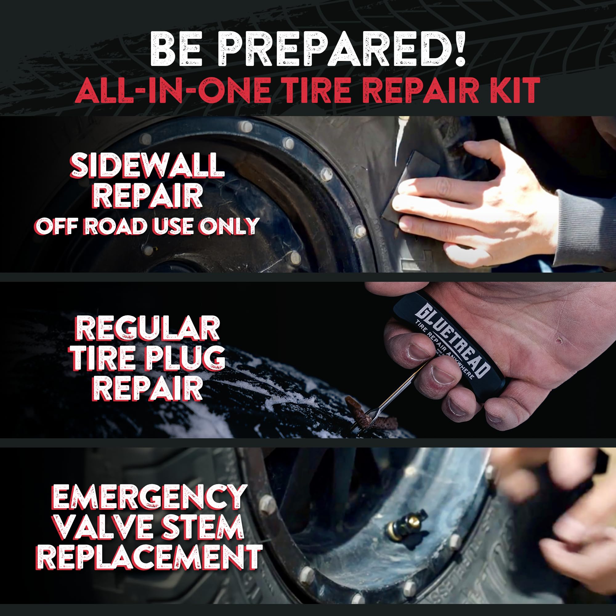 GLUETREAD Cordura storage bag open with organized kit contents, keeps parts secure and accessible