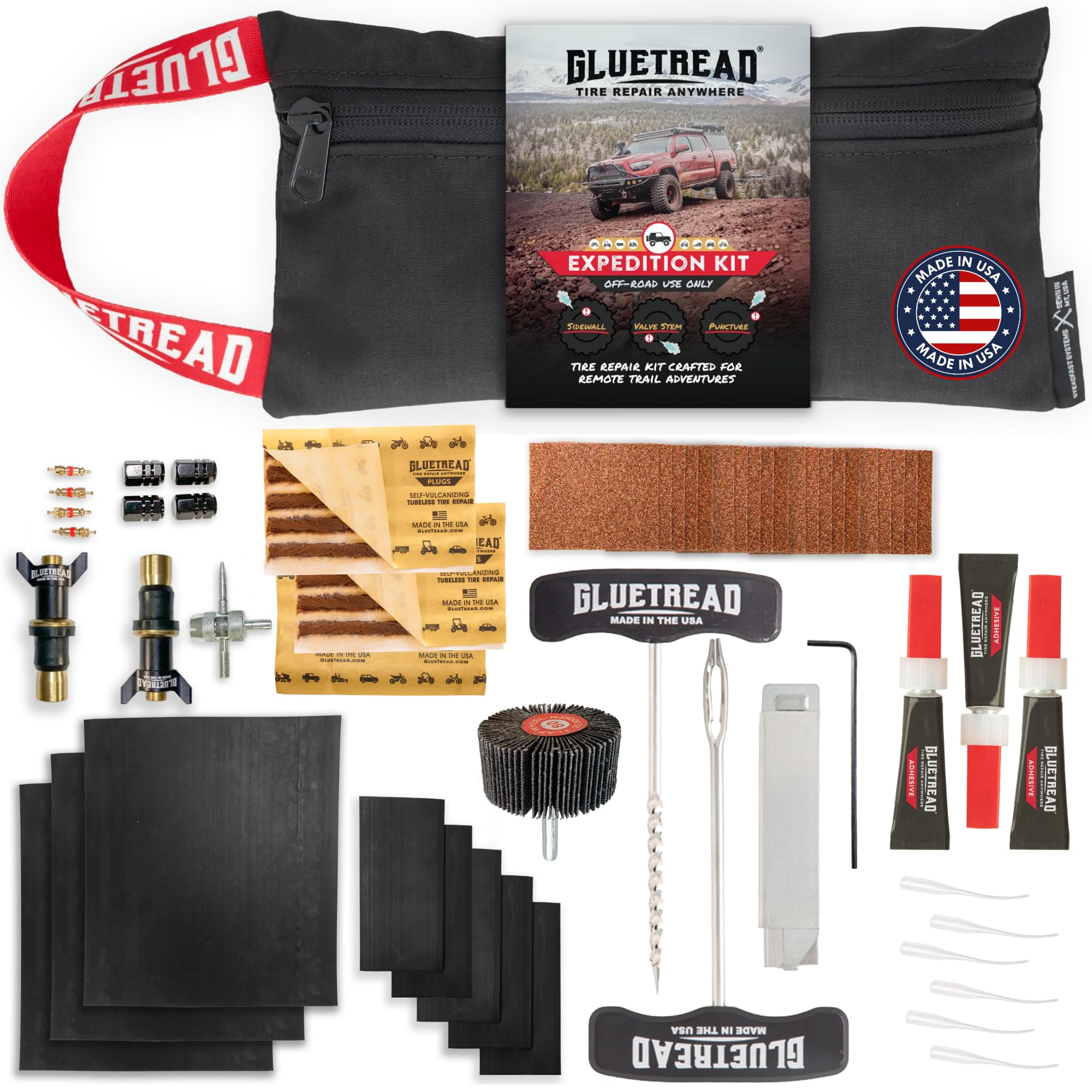 GLUETREAD front packaging showing complete Expedition kit and included components, durable travel-ready