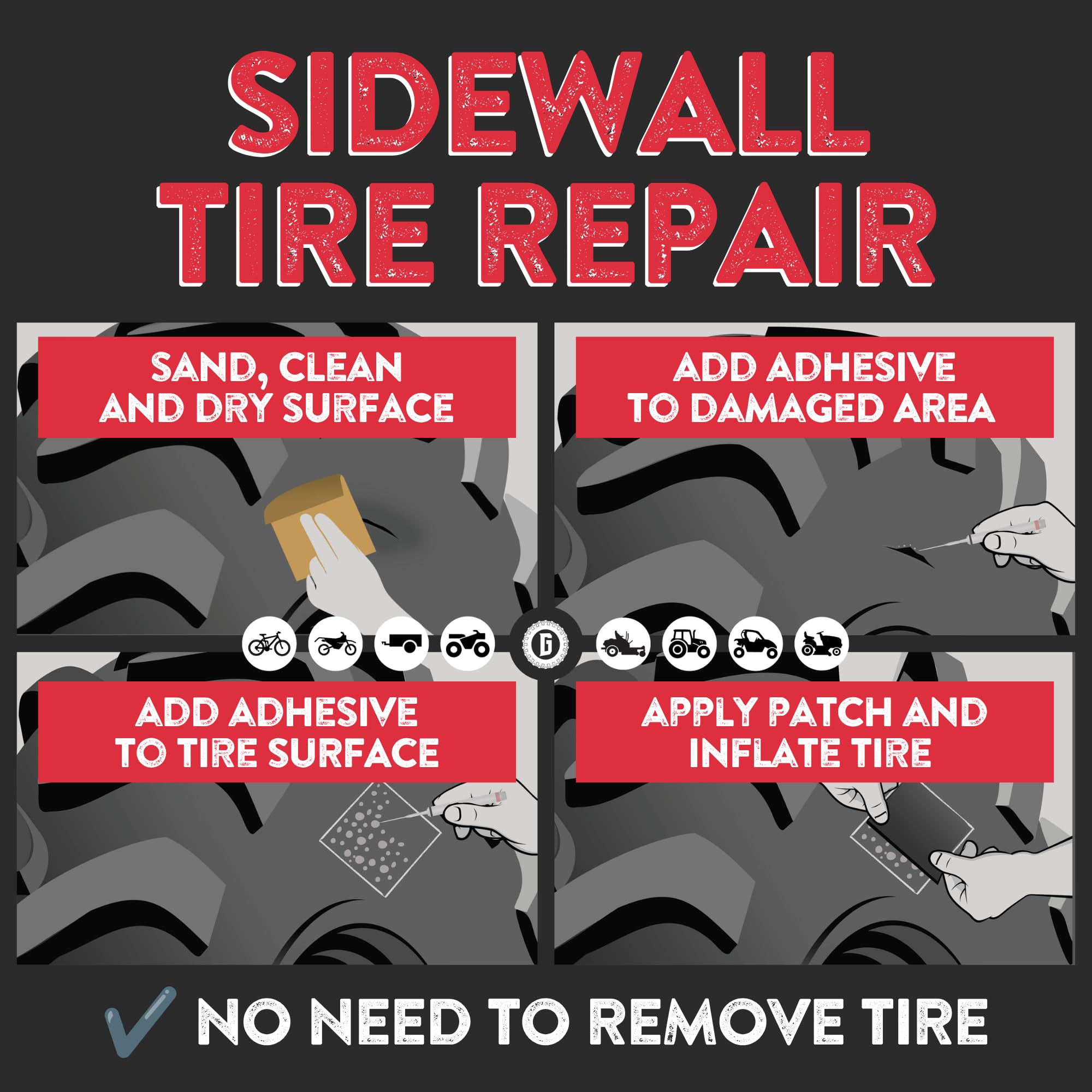 GLUETREAD repair-in-use image of technician patching a tire on-trail, shows real-world effectiveness
