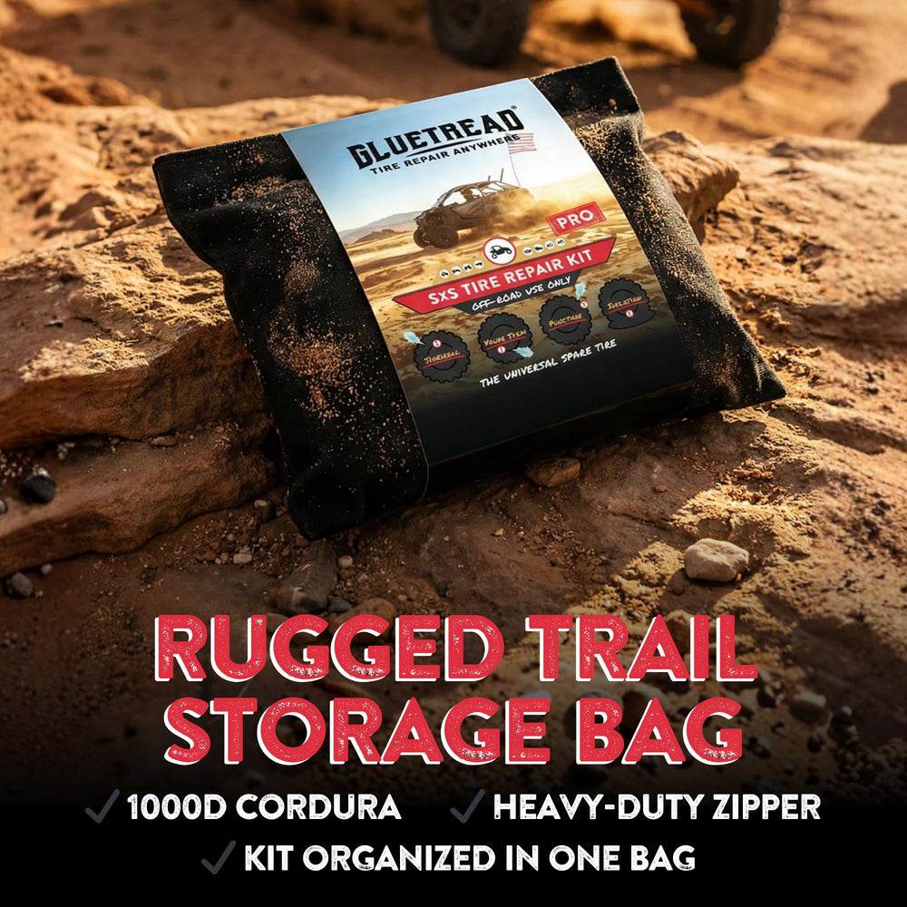 GlueTread kit next to hand and tire showing compact size and travel convenience