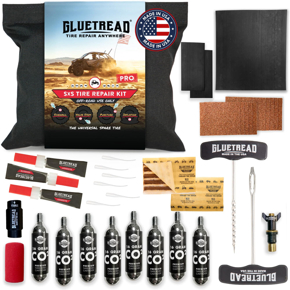 GlueTread kit front view showing full repair set and portability benefits