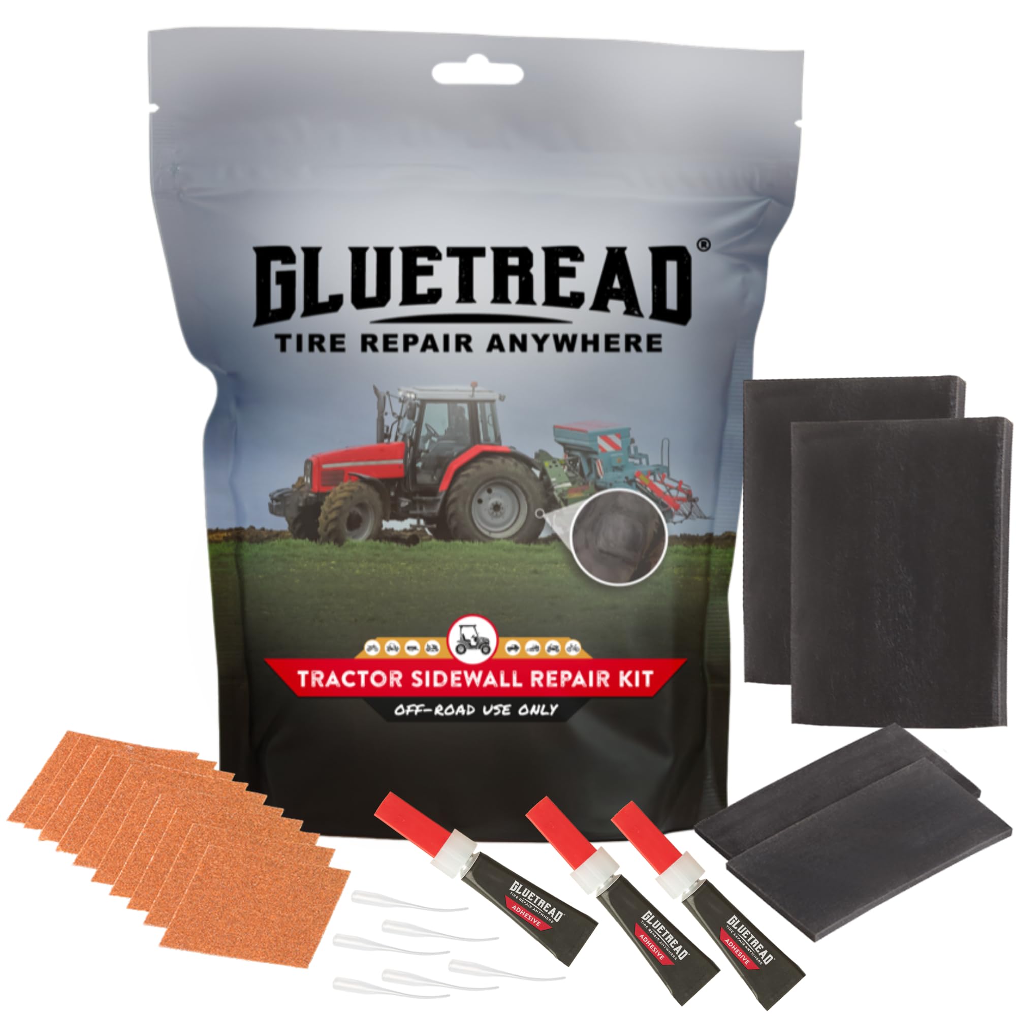 GlueTread kit front packaging showing contents and benefit of quick field repairs