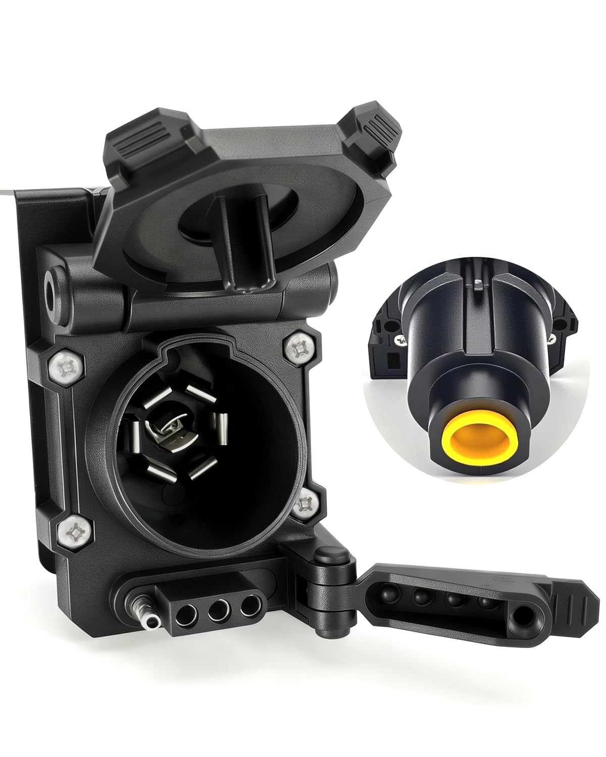GLUWPA front view connector showing dual sockets and compact design benefit