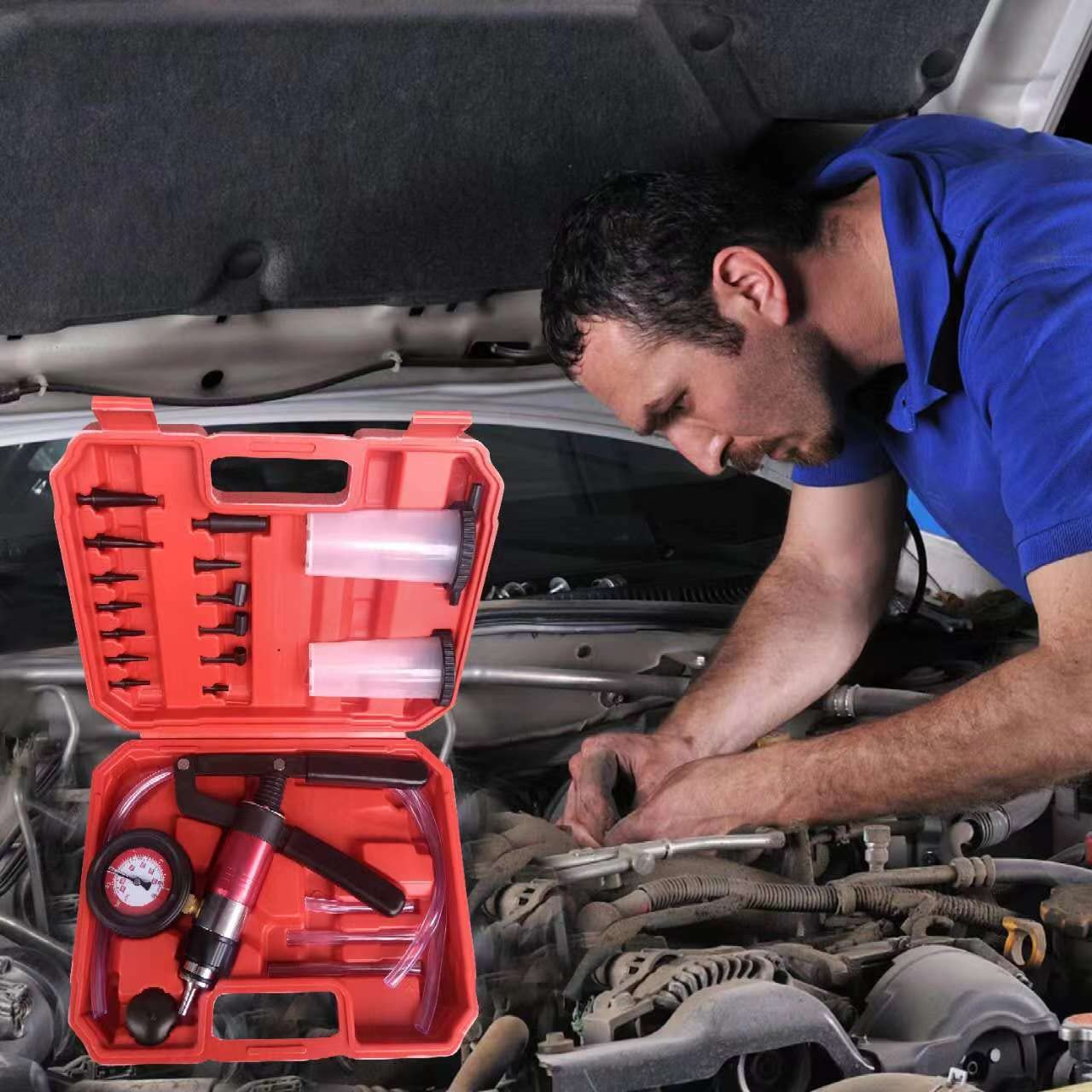 Gnhydxfe pump in use on a car brake caliper showing single-person convenience