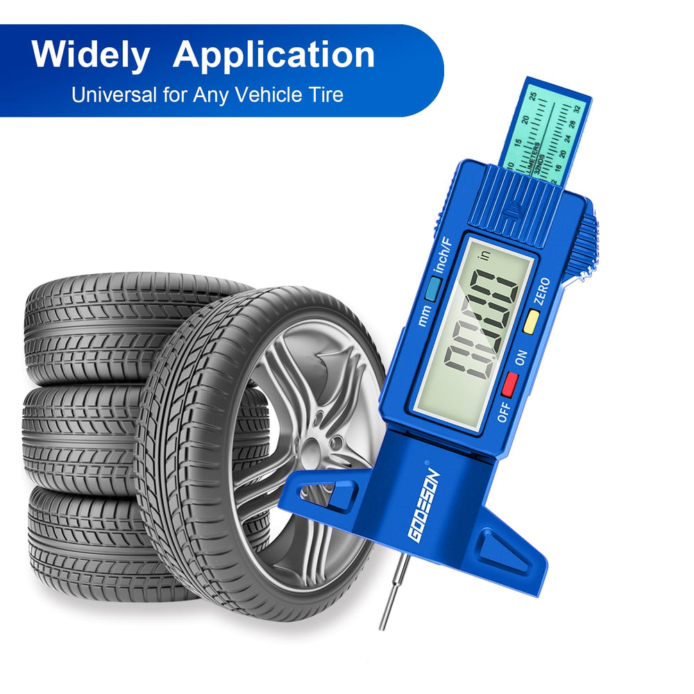 GODESON on car tire in use showing fast measurements on actual tread