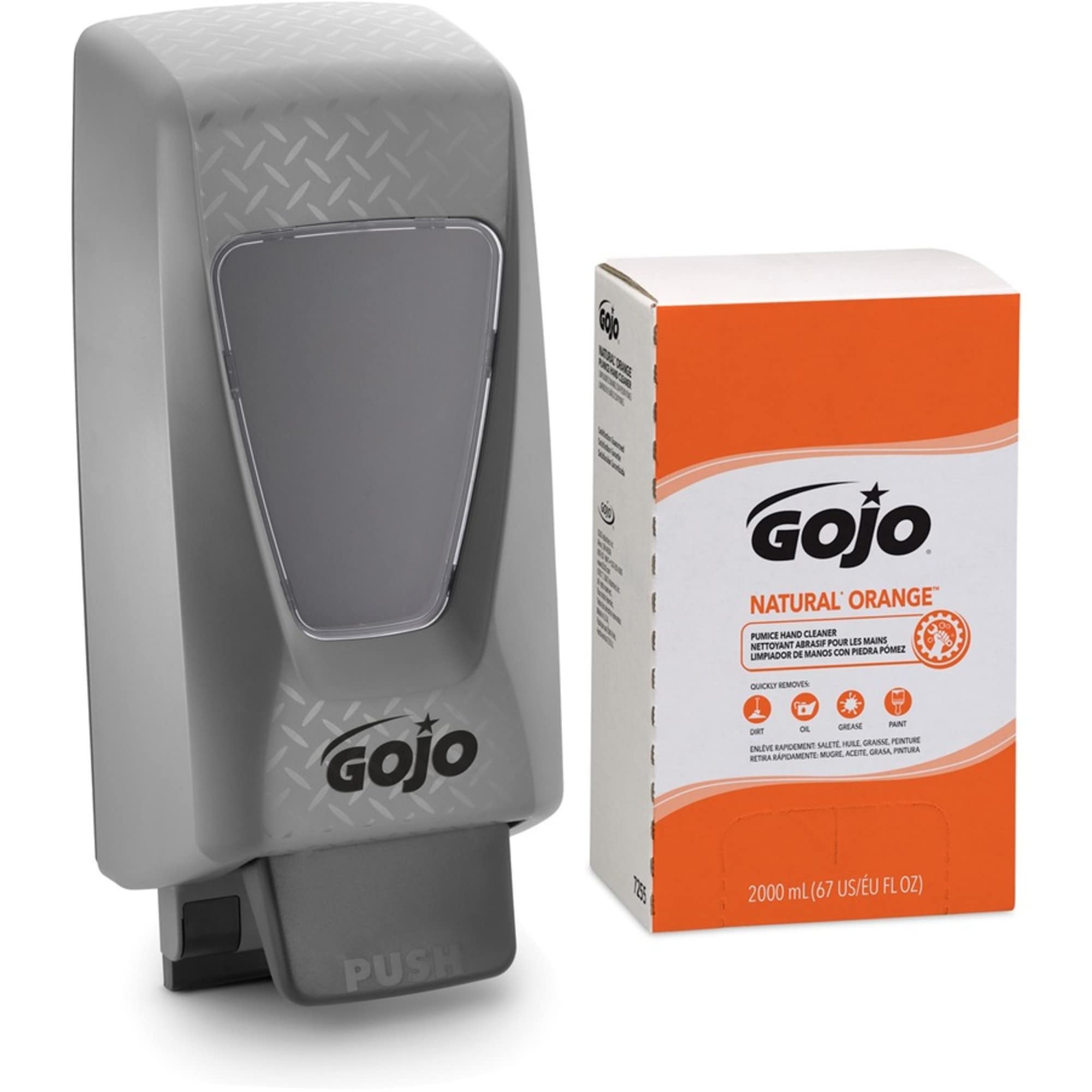 GOJO PRO TDX next to ruler for scale, clarifies 2000 mL capacity and bulk supply benefit