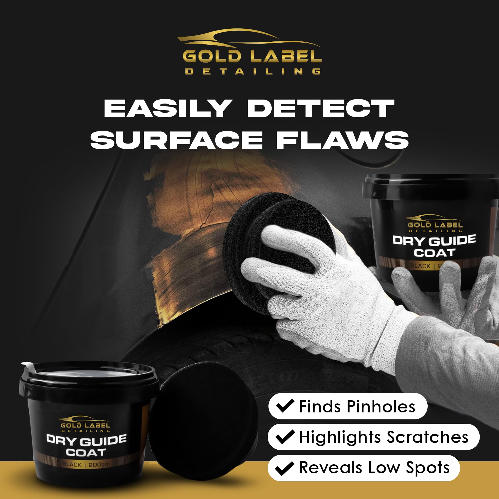 Gold Label Detailing applicator with black powder demonstrating precise application