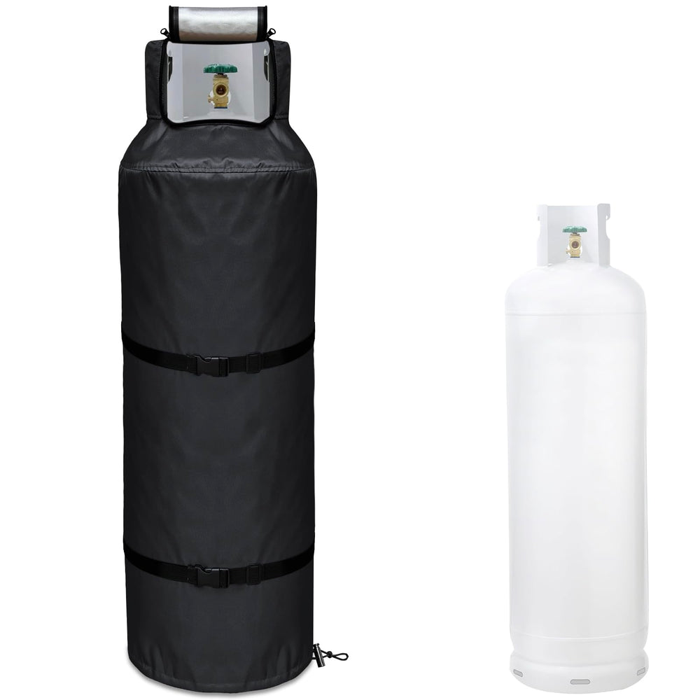 GoldenRaindrop front view of full propane tank cover protecting tank outdoors