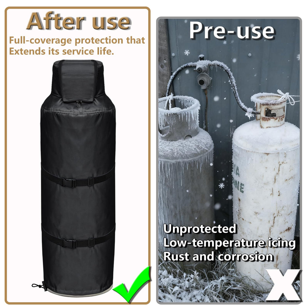 GoldenRaindrop cover installed on 100 lb tank showing correct fit and scale