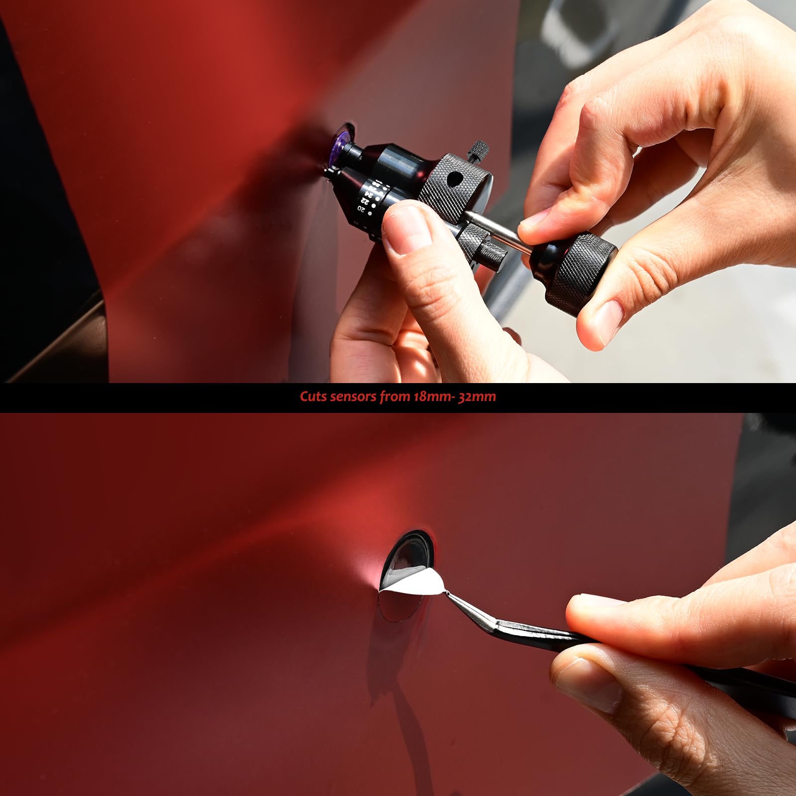 Gomake tool cutting vinyl wrap with clean round hole for precise sensor fit