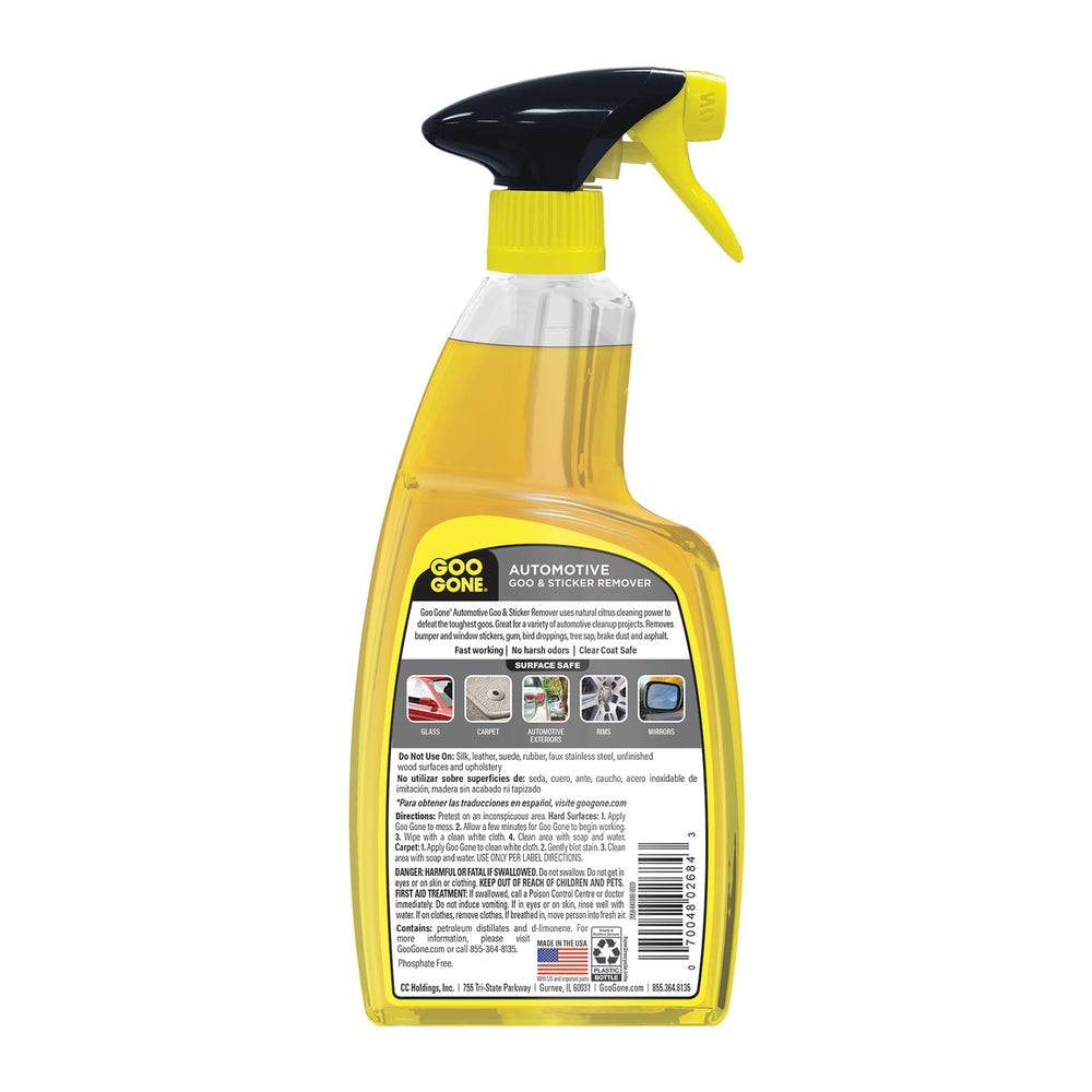 Goo Gone spray gel with detailing tools on motorcycle for thorough cleanup