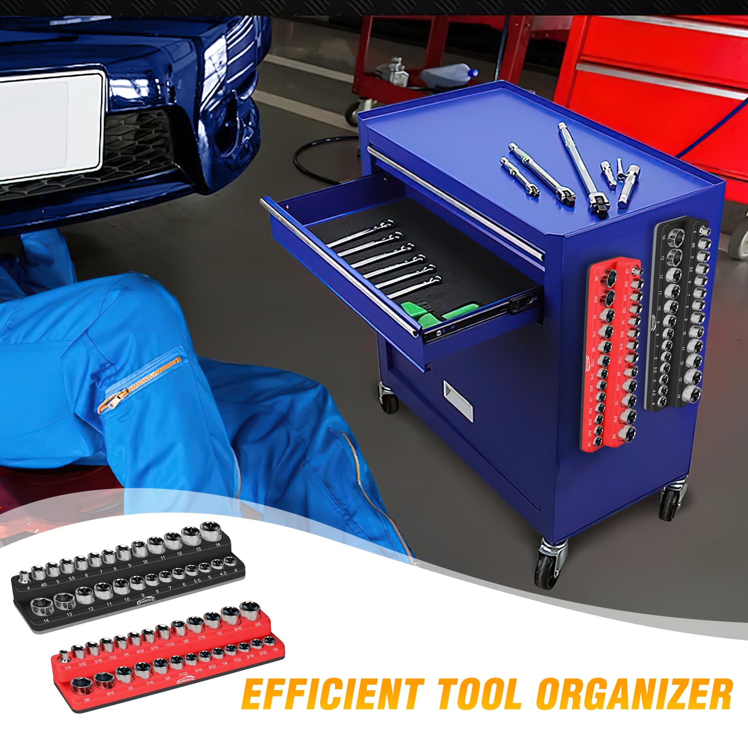 GOOACC on a garage workbench illustrating tidy tools and faster workflow