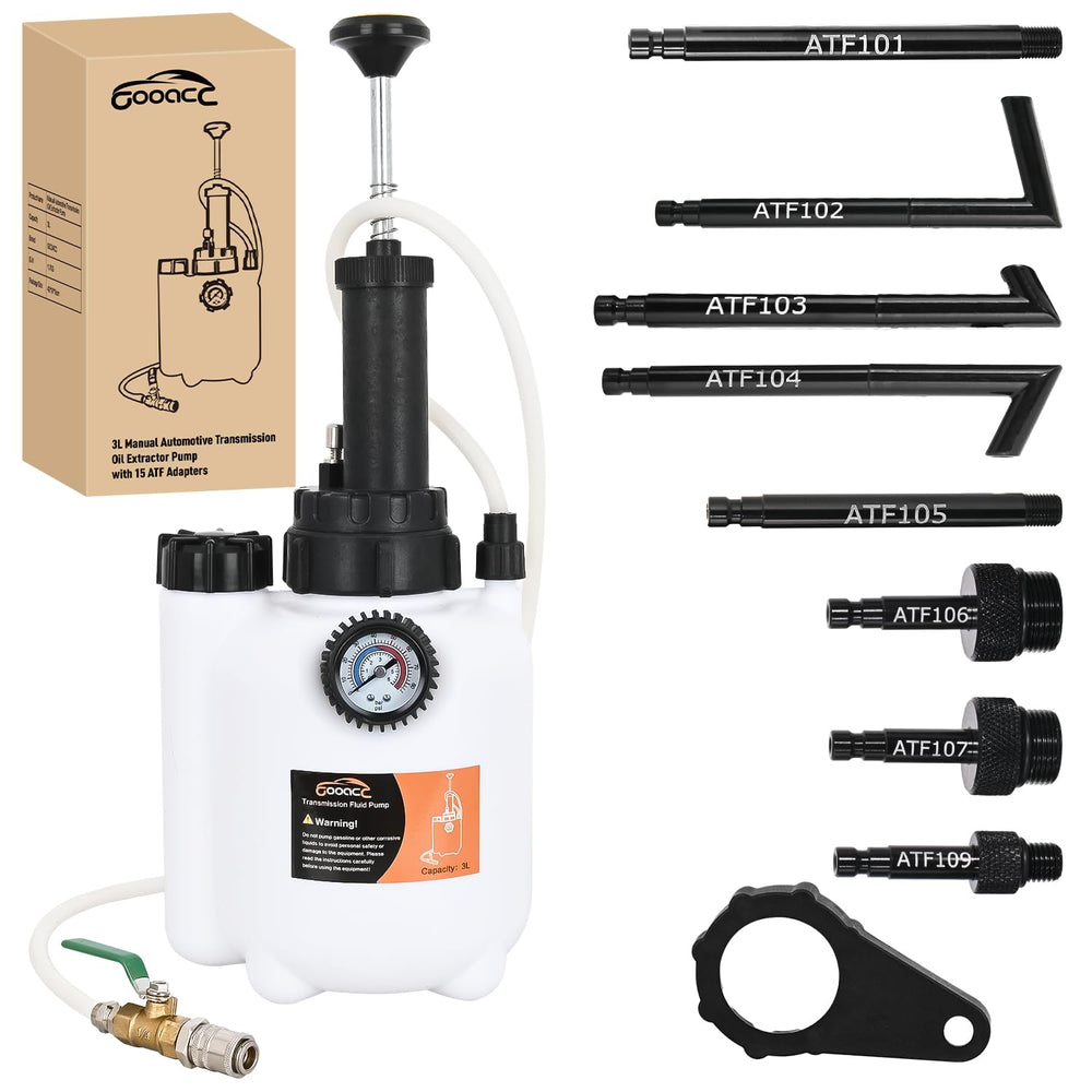 GOOACC pump front view showing compact 3L reservoir and fittings for easy storage