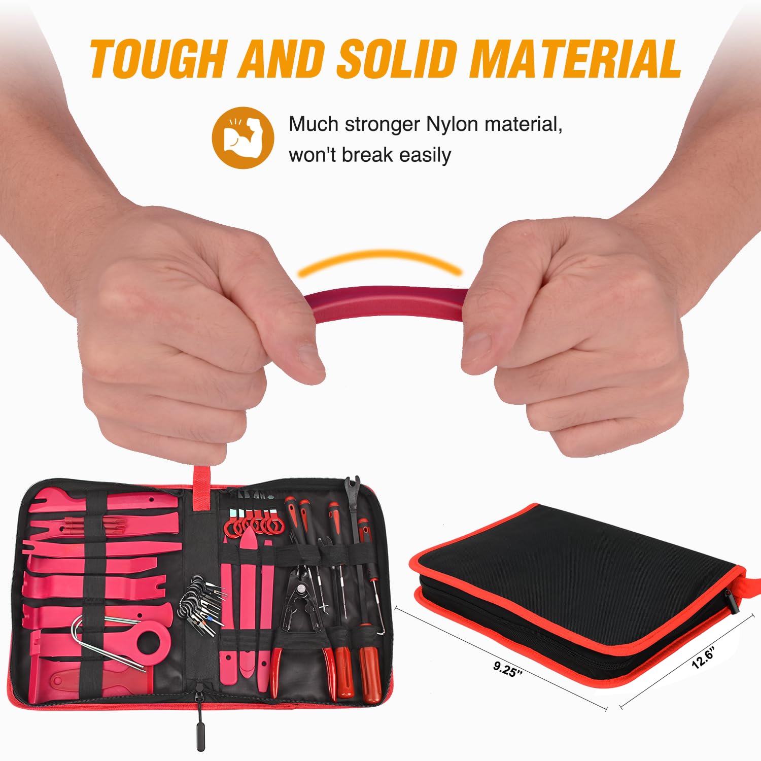 GOOACC kit next to a hand for scale to show compact, portable tool set size