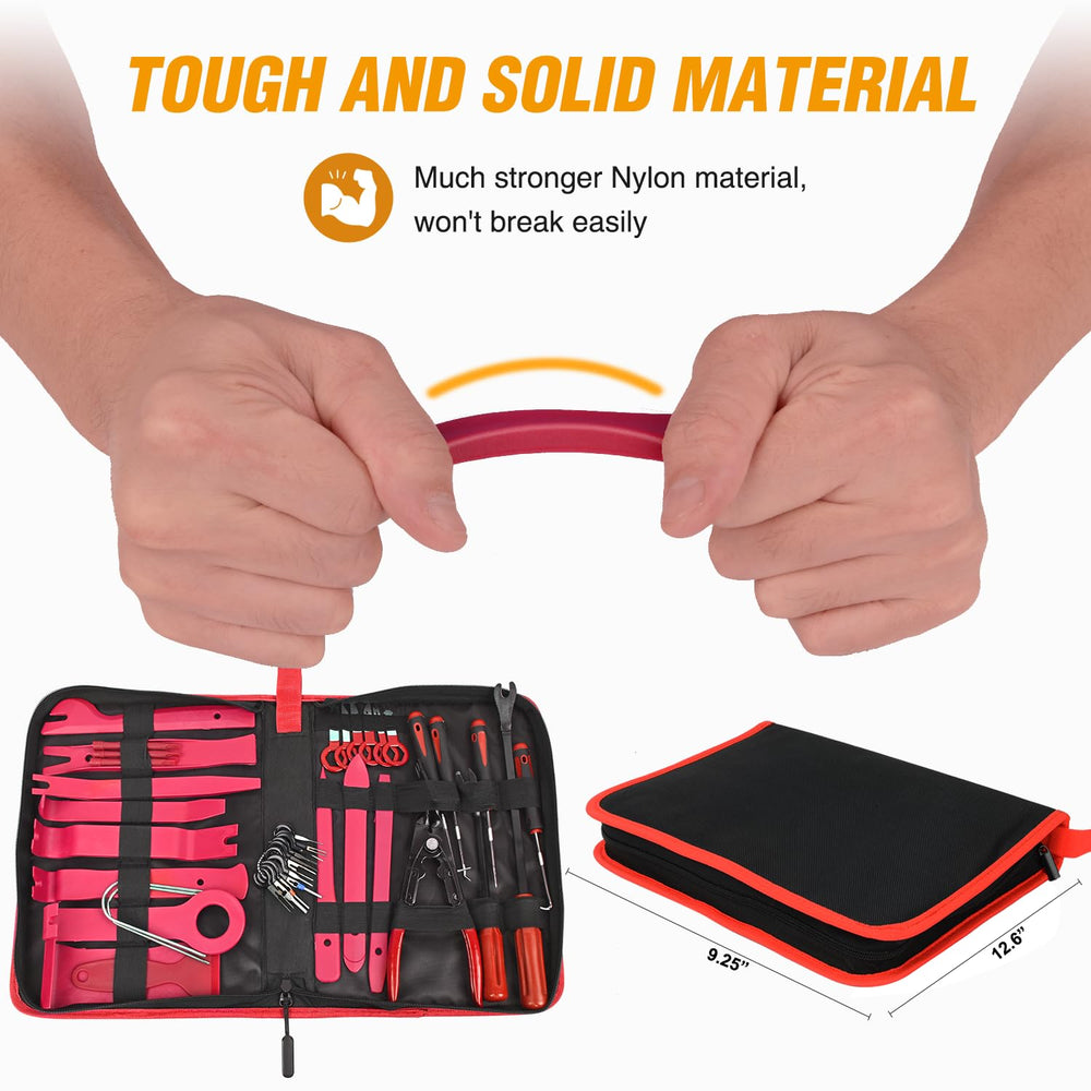 GOOACC kit next to a hand for scale to show compact, portable tool set size