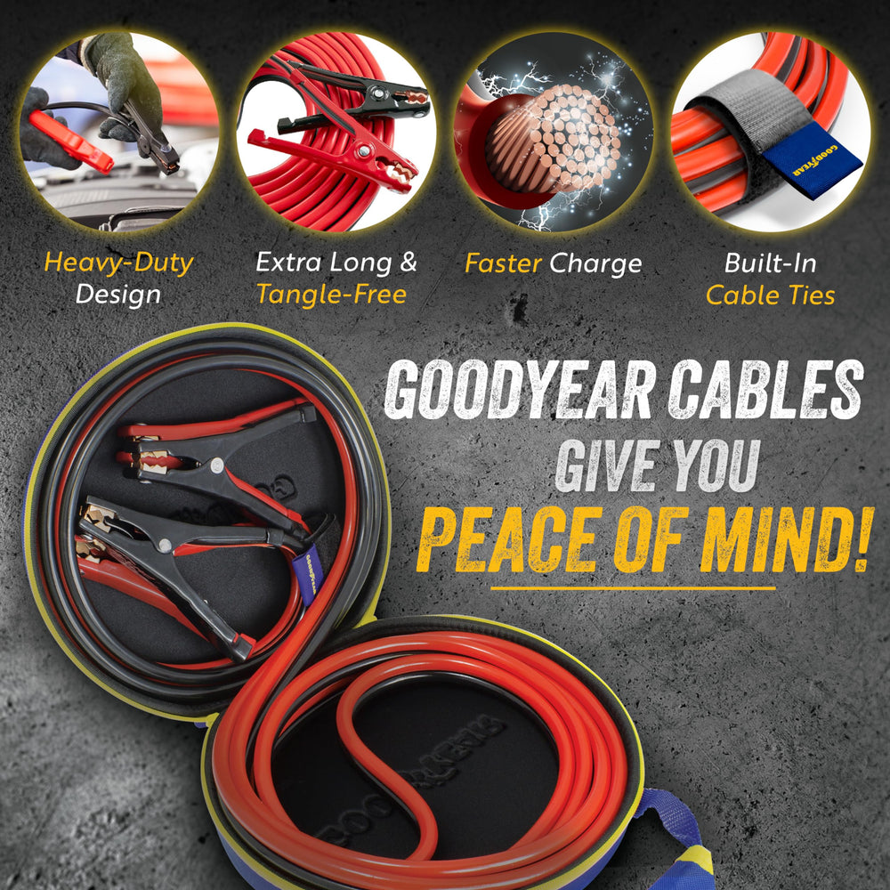 Goodyear cables in use connecting two cars for quick roadside restart