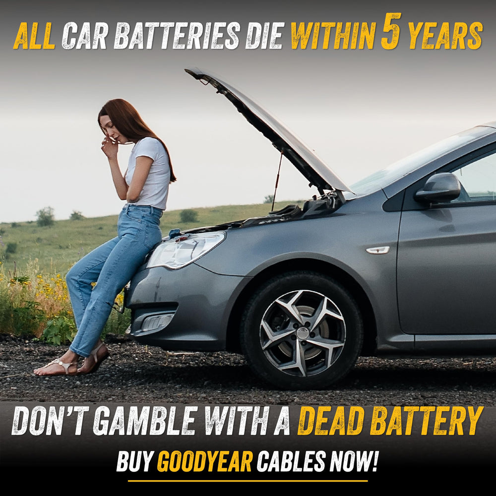 Goodyear jumper cables in use on an SUV emphasizing quick roadside restart benefit