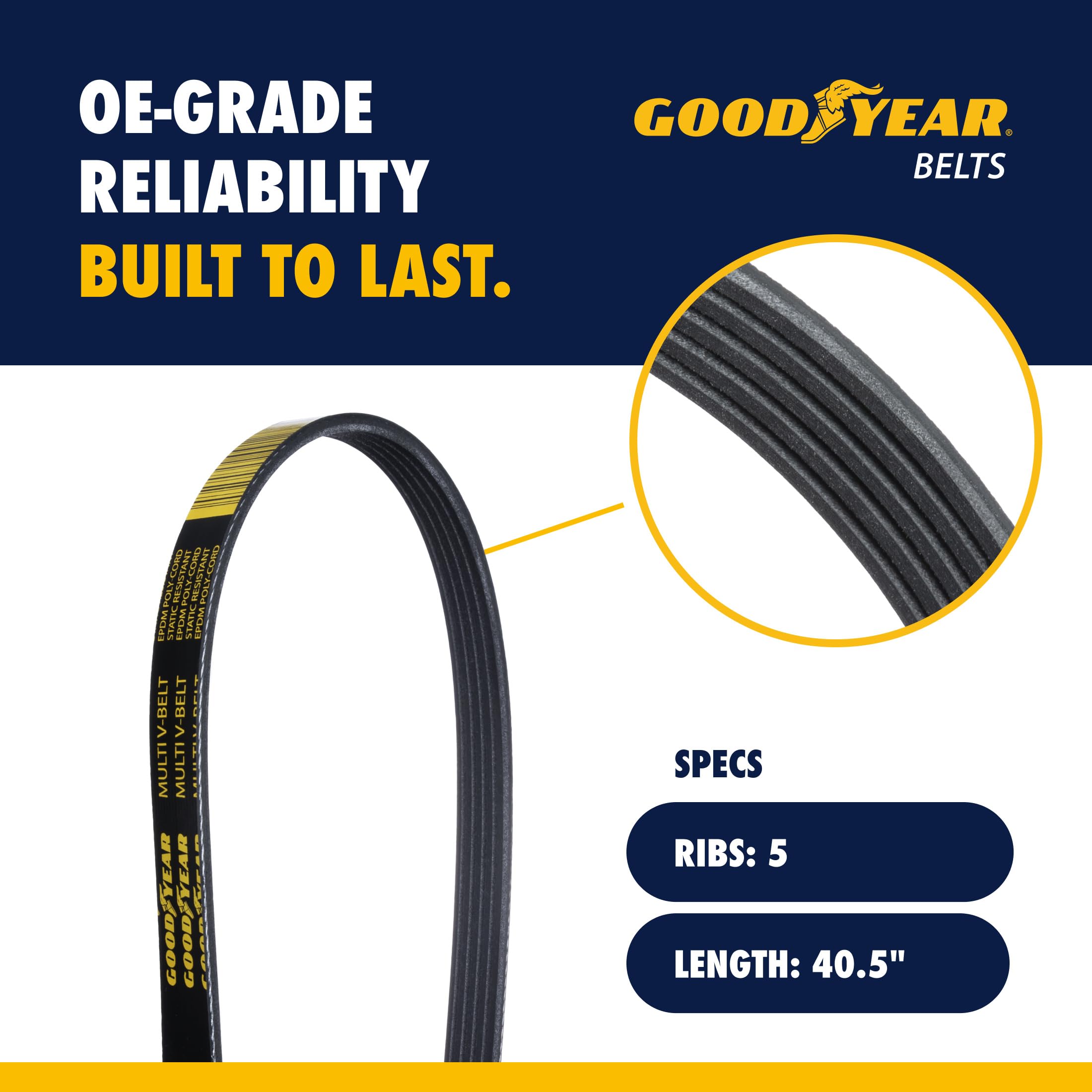 Goodyear serpentine belt profile close-up highlighting durable construction