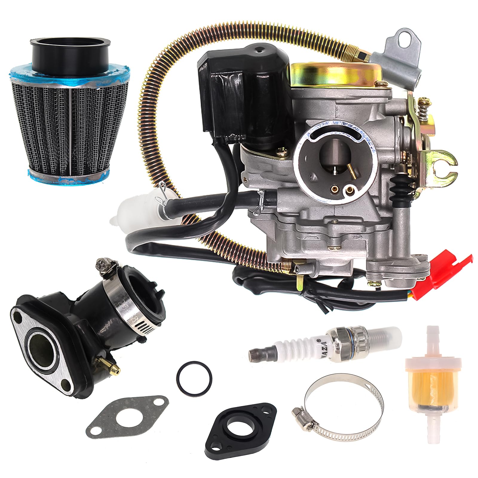 GOOFOUND carburetor front view showing mounting and airflow, improves throttle response